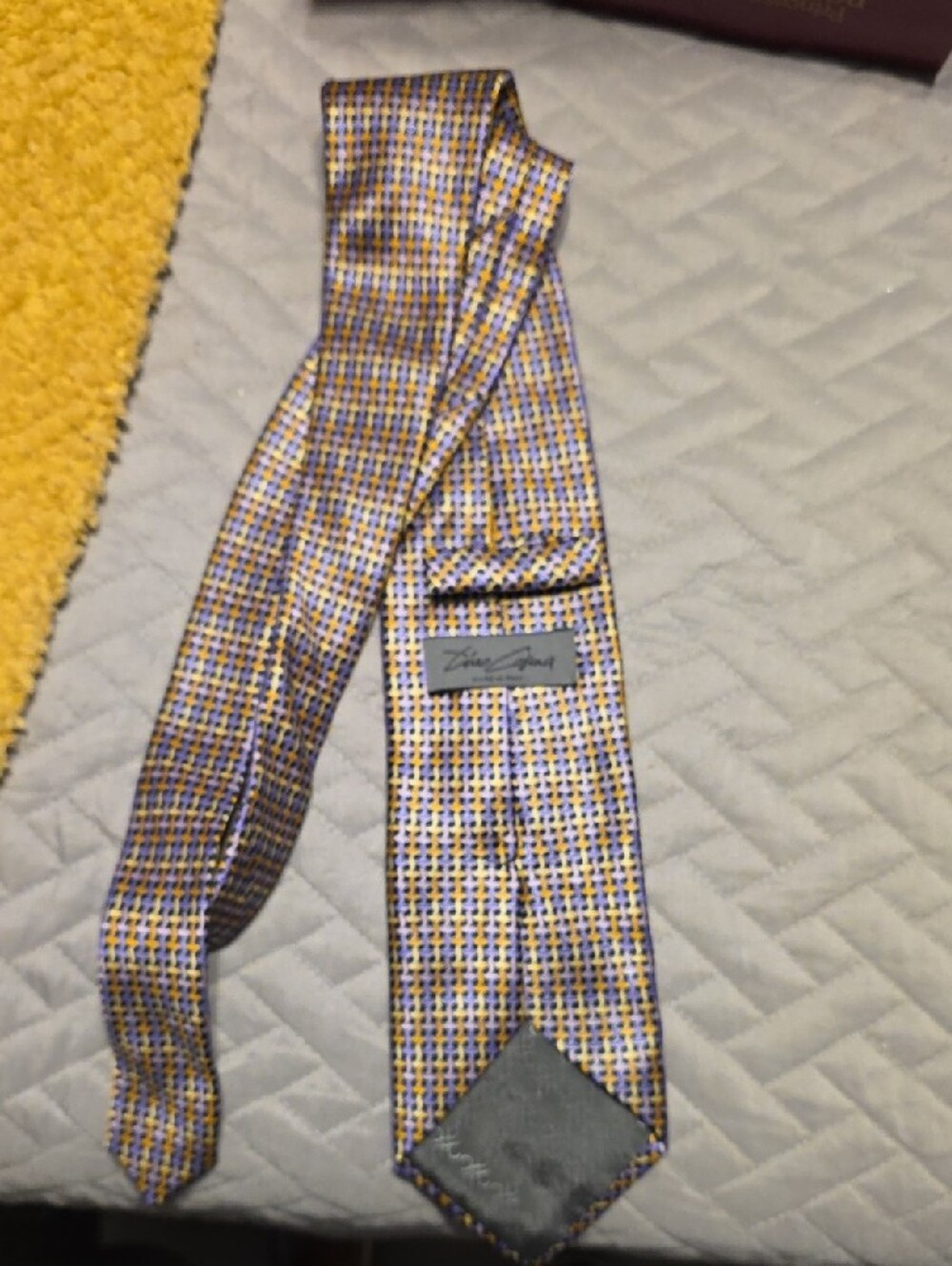 Yellow and Purple Geometric Silk Tie - Picture 3 of 3
